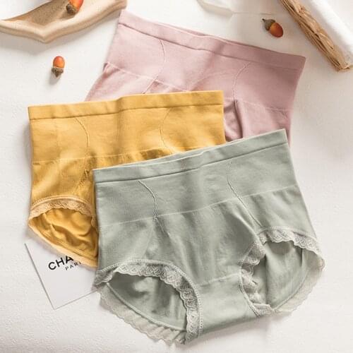 Wasteheart New Women Fashion Pink Green Cotton Lace High Waist Panties Underwear Lingerie Briefs Underpants M L XL