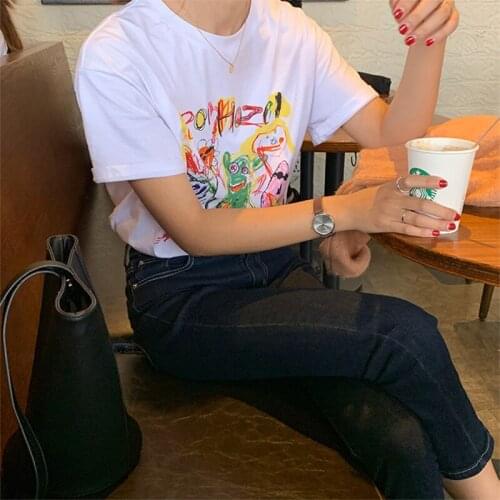 2021 Summer New Style Fun Graffiti Printed Short-sleeved T-shirt Female Korean Version of Kawaii Casual O-neck White Top