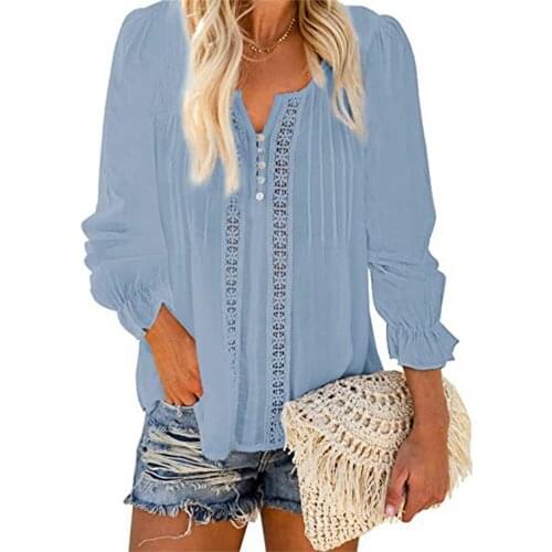 Women V-neck Long-sleeved Chiffon Blouse Fashion Solid Color Hollow Pullover Blouse ropa mujer verano 2021 Daily Wear