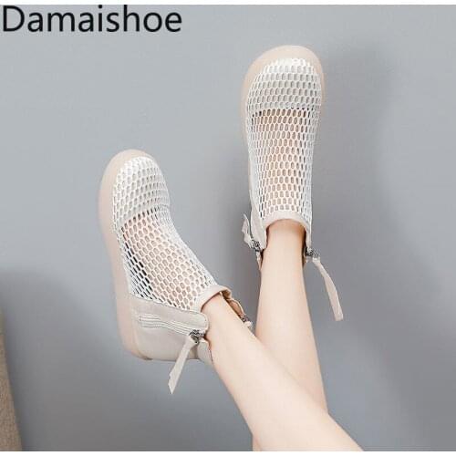 Womens Summer Flat Real Soft Leather Mesh Breathable Sandals Female Students Korean Hollow Hole Shoes Mesh Martin Sandal Boots