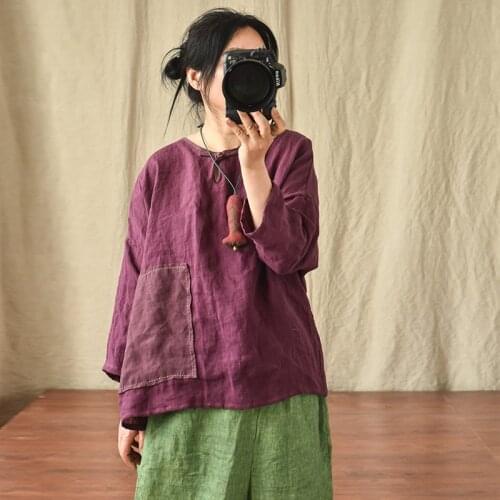 Spring Summer Women Tops Cotton Linen O-neck Patchwork Pullovers Long Sleeve Thin Vintage Blouse Female YoYiKamomo