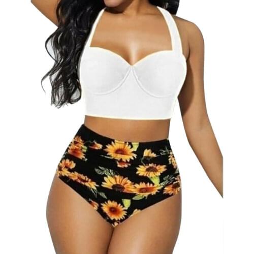 Ladies Push-Up Padded Bikini Set Strappy Bathing Suit Swimsuit Swim Beachwear Solid Tops and Printed Briefs Sets 2021