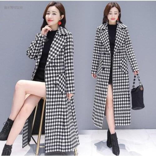 Houndstooth Woolen Jacket Women Clothing 2021 Autumn Winter Fashion Elegant Slim Long Overcoat Plus size Warm Female Wool Coat