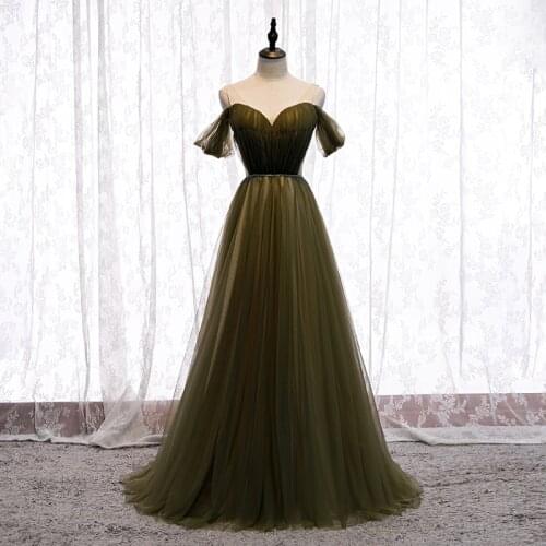 Bespoke Occasion Dresses Illusion V-Neck Short Off The Shoulder Pleat Crystal Luxury Army Green Women Formal Evening Gown HB266