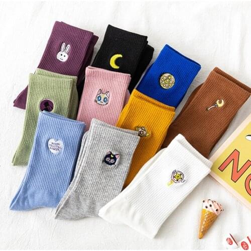 Winter Colorful Cartoon Embroidered Women Socks Korean Street Hip-Hop Moon Cat Novelty Hanppy Cotton Socks New Year Socks 2021
