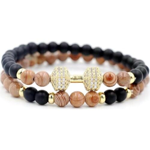 2pcs/set Gold Color Copper Micro Inlay Zircon Dumbbells Bracelet Men Women Lucky Strand Yoga Bracelets For Couples Love Gifts