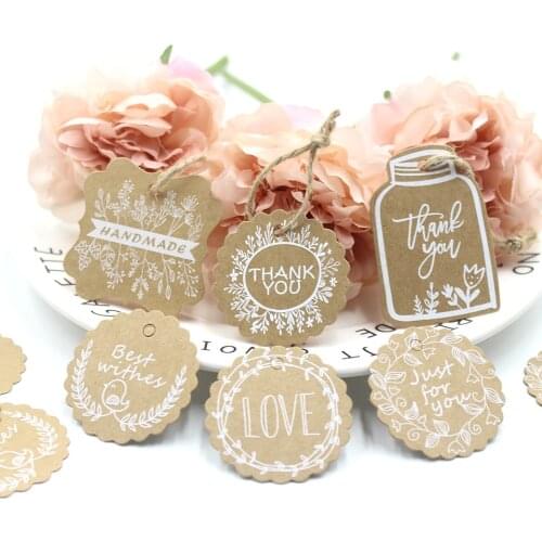 50PCS Multi Style Kraft Thank You Tags DIY Handmade Crafts Hang Tag Labels Birthday Paper Tags Gift Candy Bags Wrapping Supplies