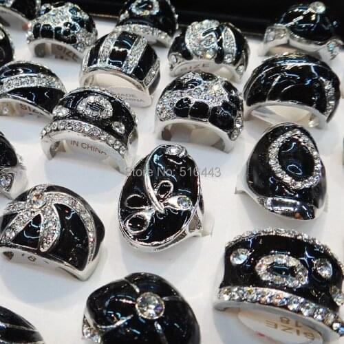 Freeshipping Real 10pcs Czech Rhinestones Big Black Enamel Fashion Silver P Women Mens Rings Wholesale Jewelry Lots A294