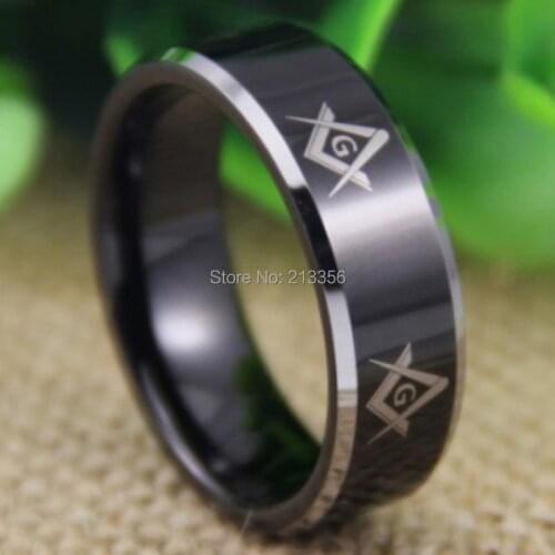 Free Shipping USA UK CANADA RUSSIA Brazil Hot Selling 8MM Black Silver Beveled Freemason Masonic Mason New Tungsten Wedding Ring