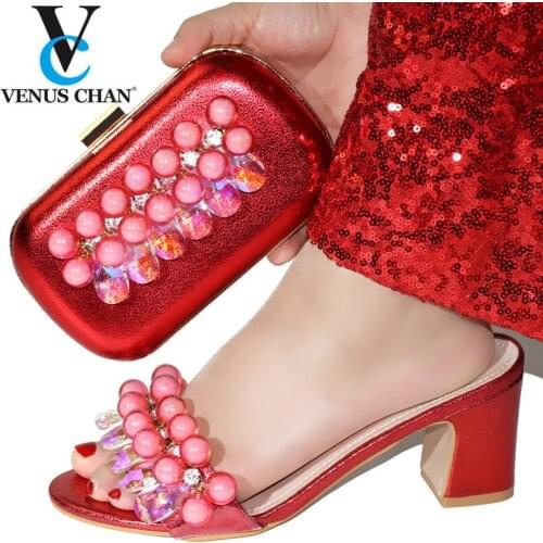 Red Color 2020 Italian Design Summer Shoes And Matching Bag Set For Party African Women Middle Heels Sandals