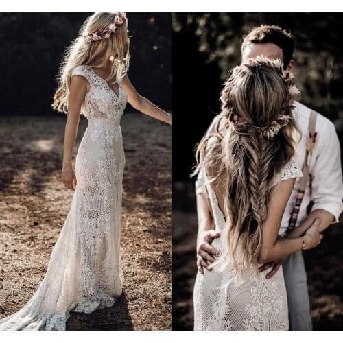 Rustic Country Wedding Dress Sexy Backless 2021 Hppie Style Crochet Cotton Lace Long Beach Boho Mermaid Wedding Dresses Bride