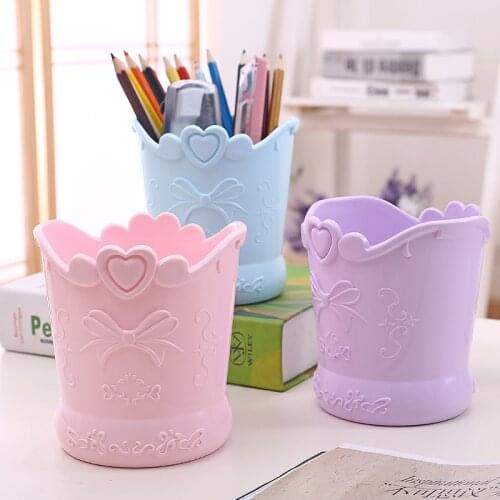 Bow Love Heart Shape Pen Holder Pink Barrel Girl Cute Bucket Desk Organizer Stationery Large-capacity Plastic Pen Holder