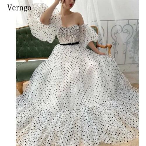 Verngo Elegant Cream Tulle With Black Polka Dots A Line Wedding Dresses 2021 Sheer Puff Sleeves Velvet Belt Long Formal Gowns