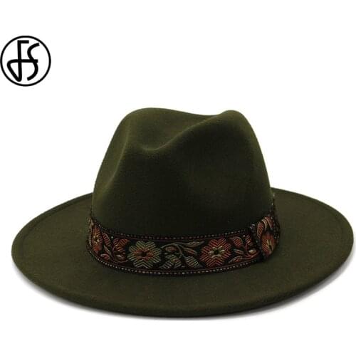 FS Wide Brim Flower Ribbon Band Fedora Hat Men Wool Felt Jazz Cap Elegant Women Gentlemen Church Autumn Winter Panama Hats