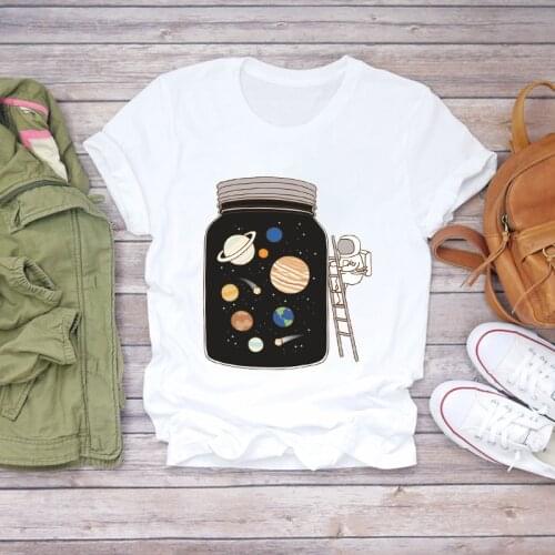 Women Space Cartoon T shirts Fashion Short Sleeve Tees Print Ladies Clothes Summer T-shirts Top Graphic Female Womens T-Shirt