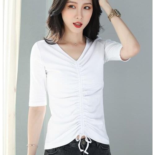Womens top Lady Cotton short sleeve V-neck top woman tshirt all match Basic t-shirt Half sleeve woman tshirt