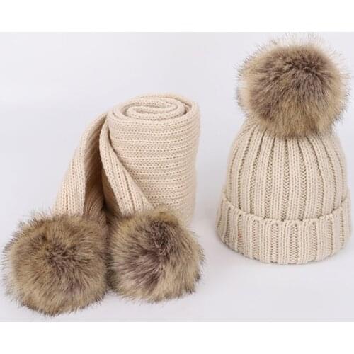 Girl winter hats Beanie Warm Knitted Hat and Scarf Set Children Real Fur Pompon Winter Hat Keep warm 50-55cm Hat and Scarf Set