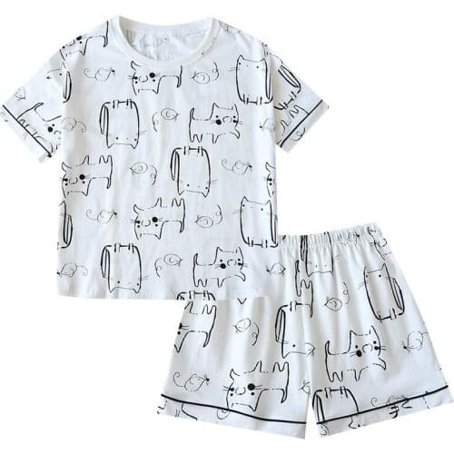 Knitted Cotton Pajamas Women 2021 New Summer Thin Short Sleeve Shorts Set Cartoon Line Cat Ladies Home Suit White Pygama Femme