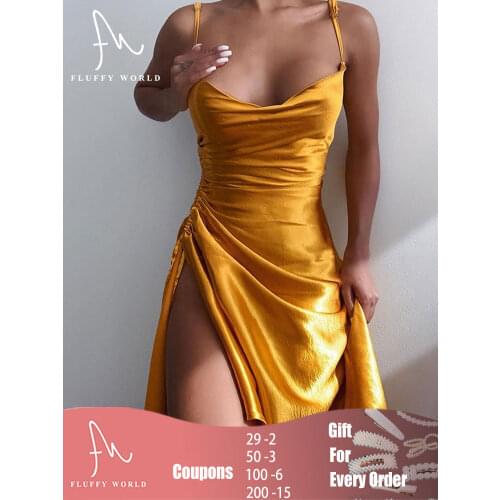 Summer Satin Women Vintage Strap Dress Bodycon Bandage Shirring Side Split Midi Dress Elegant Party Outfits Sexy Club Clothes