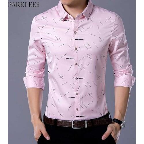 Mens Fashion Geometric Lines Print Shirt 2021 Spring New Slim Fit Long Sleeve Dress Shirt Business Casual Wedding Chemise Pink