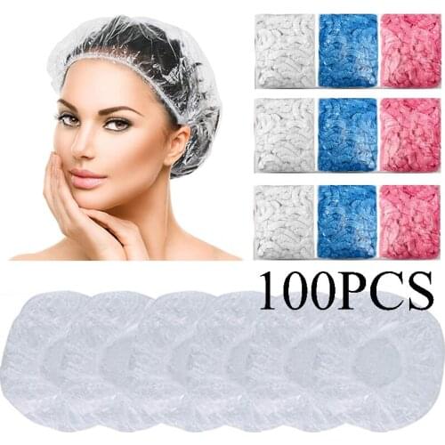100PCS Disposable Shower Caps Waterproof Hat Transparent One-Off Bathing Elastic Shower Cap Spa Hair Salon Beauty Bath Caps