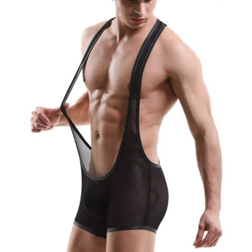 Sexy Mens Undershirt Stretch See Through Bodysuit Bulge Pouch Boxer Shorts Gay Wrestling Singlet Sheer Mesh One-Piece Leotard