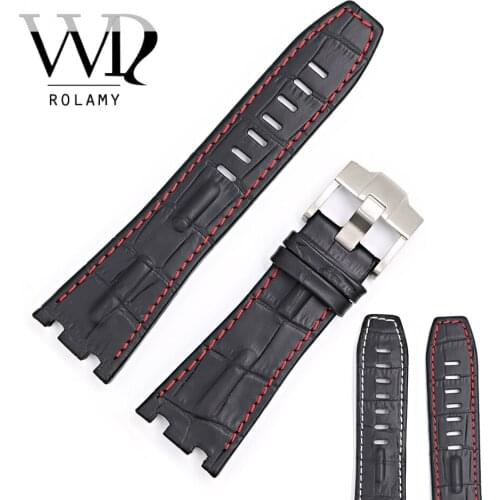 Rolamy 28mm Black Real Leather Thick Wrist Watch Band Strap Belt With Silver Buckle For Audemars Piguet 42mm Royal Oak Offshore