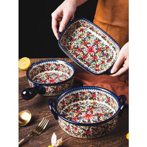 Retro Ceramic Handle Salad Bowl Household Oven Breakfast Bake Pan Microwave Bohemia Binaural Soup Bowl In-glaze Tableware