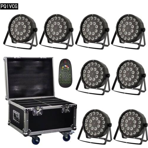 8pcs 24x12w Remote led par lights + flight case dmx512 rgb w 4in1 full color flat par led dj lights equipment disco lights