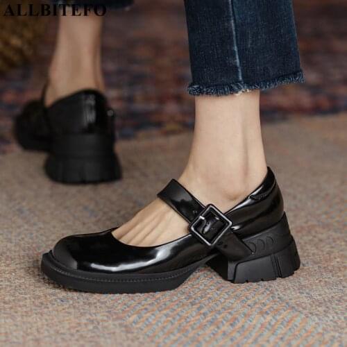 ALLBITEFO Square Toe Real Genuine Leather brand High Heel shoes Thick Heel Fashion Leisure Office Work Shoes Women Heels Shoes
