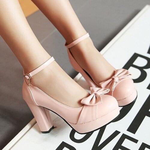 Ankle Shoes Womens Platform High Heels Block Heel Cute Pumps Bow Ladies Office Footwear Cosplay White