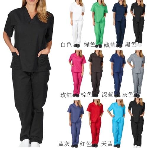 Women Men Workwear Short Sleeve V-Neck Tops+Pants Nursing Working Uniform Suit Scrub Overalls Clothes Multiple Colour