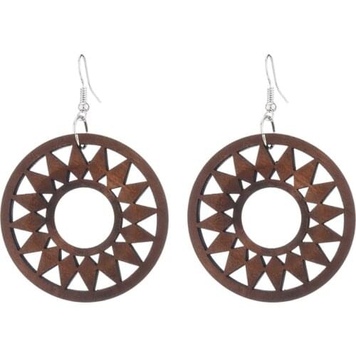 European and American Vintage Jewelry Bohemian Geometric Solid Mahogany Hollow Round Sun Earrings for Women