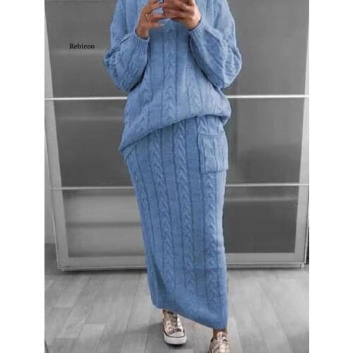 Twist needle sweater set Women lounge wear knitted skirt and top set Blue/yellow woman tshirts two piece outfits matching sets