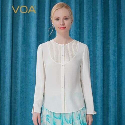 VOA Heavyweight Silk 30m/m Milk White Round Neck Tucker Line Single Breasted Long Sleeve Split Hem Straight Tube Shirt BE269