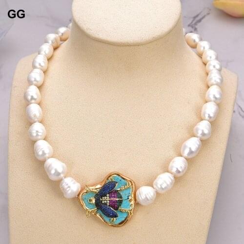 GuaiGuai Jewelry Cultured White Rice Pearl Blue Turquoise Insect Cz Pave Necklace 19"