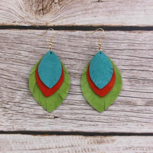 New Three Layers Genuine Leather Leaf Teardrop Earrings for Women Multicolor Leather Feather Drop Earrings Fashion Jewelry