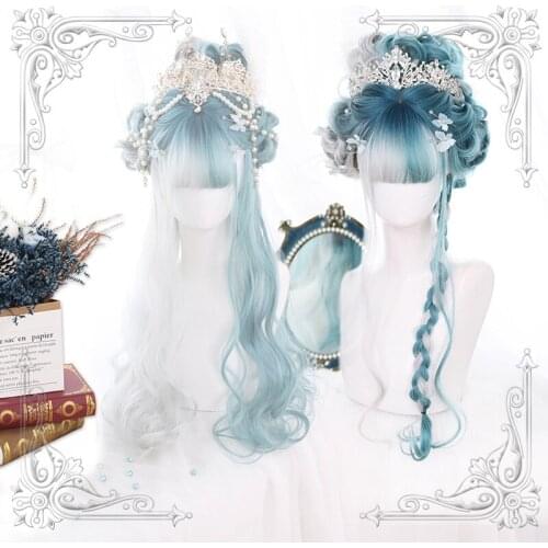 High Quality Lolita Mint White Tea Daily Female Cyan Natural Gradual Change Long Wig Cosplay Party