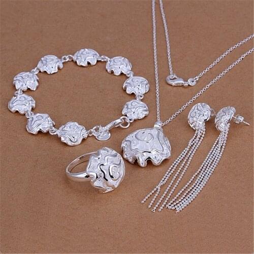 Hot Fine Pretty Rose flower 925 sterling Silver Pendant ring Bracelet necklace tassel earring stud for women Fashion Jewelry set