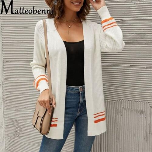 2021 Spring Autumn Contrast Color Knitwear Cardigan Midi Sweater Women Striped Splicing Jumper Cotton Ladies Casual Female Coats