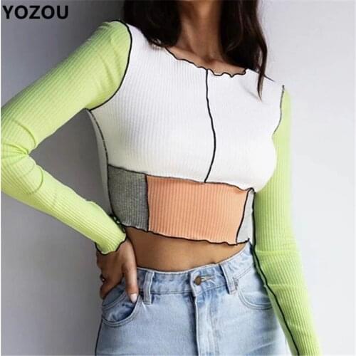 Women 90s fashion patchwork contrast color purple green long sleeve o neck crop top summer top tee tshirt cropped top women