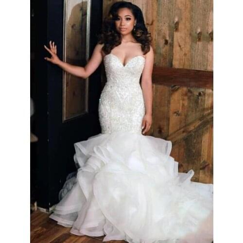 2020 African Sweetheart Mermaid Wedding Dresses Bead Stones Top Layered Ruffles Plus Size Wedding Bridal Gowns Vestido De Noiva
