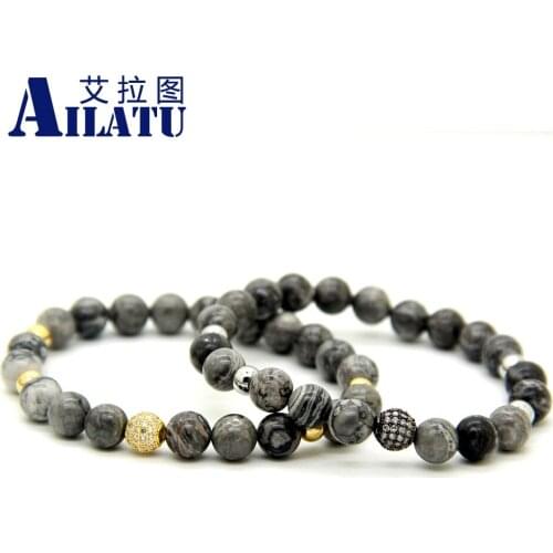 Ailatu High Grade Jewelry 8mm Grey Picture Stone Beads Micro Pave Black and Plated CZ Beads Bracelet Men gift