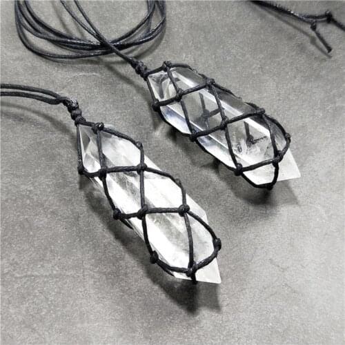 Boho Ethnic Jewelry choker Clear Faux Crystal Stone Hexagonal Pendant Weave Rope Necklace Jewelry Gift