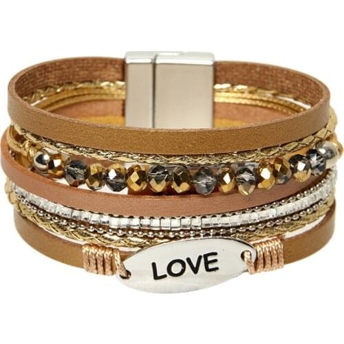 ORNAPEADIA Bohemian Style Genuine Leather Crystal Bead Bracelet for Women Wide Side Multilayer Bracelet Wholesale