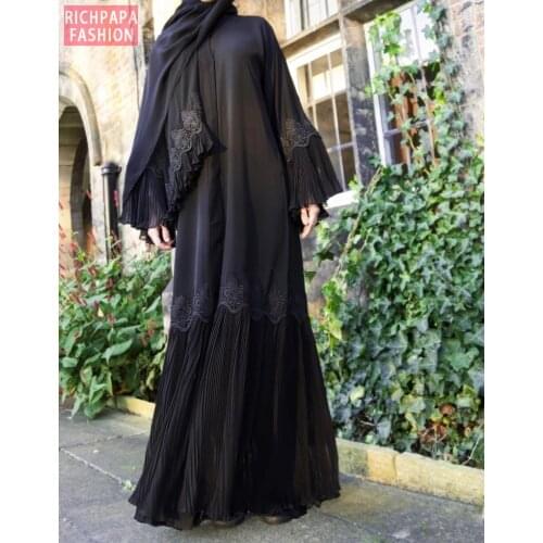 Elegant Muslim Embroidery Maxi Dress Pleated Abaya Cardigan Kimono Long Robe Gowns Jubah Middle East Eid Ramadan Arab Islamic