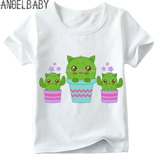 Boys and Girls Cute Cactus Design T shirt Kids Summer Short Sleeve White Tops Children Funny Cartoon T-shirt,HKP2031
