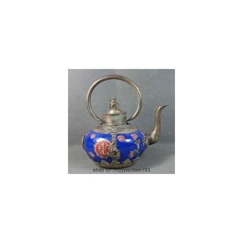 2pcs Chinese Porcelain Silver Dragon Phoenix Monkey Wine Tea Pot Flagon Vintage Garden Decoration 100% Tibetan silver Bronze