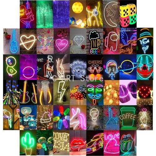 50Pcs Neon Light Photo Series Set for Wall Collage Apply To Bar Cafe Wall Stickers Nordic Picture Room Decor Stickers