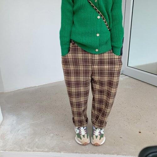 2021 new style girls boys woolen plaid pants autumn fashion kids long pants 2-8 years